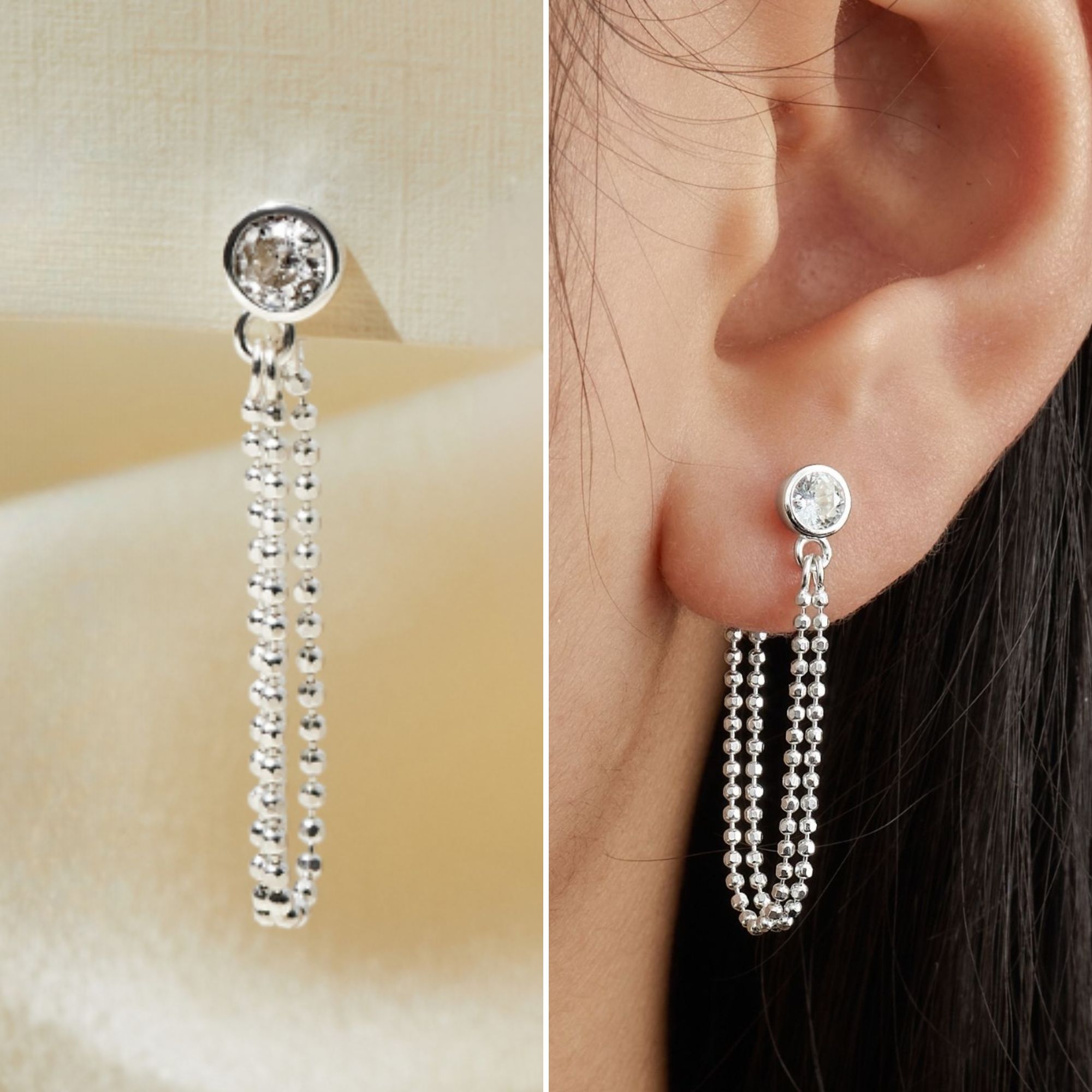 (1 Cái) Khuyên Tai Jacket Bạc 925 Dây Xích Chập Đôi Nụ Đá Jacket Earrings - VCE526-L