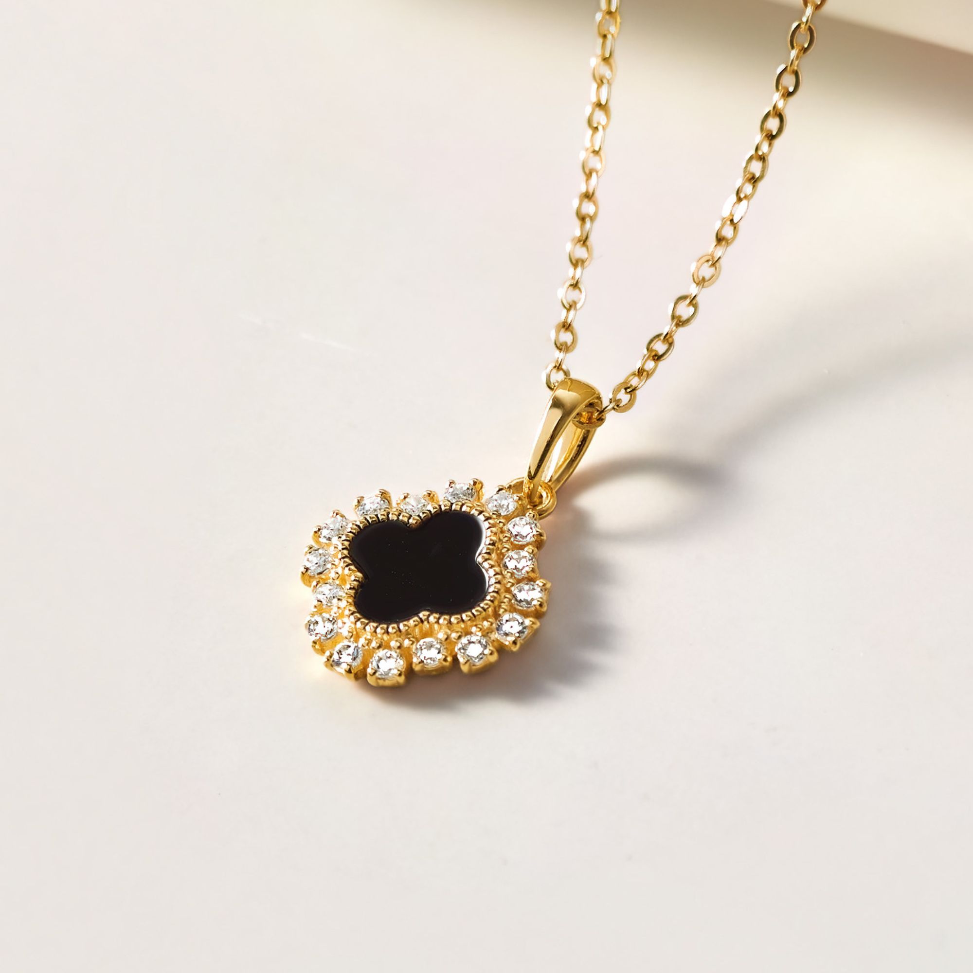 Quà Tặng 8/3 Dây Chuyền Bạc 925 Cỏ 4 Lá Đá Onyx Đen 4 Leaf Clover - VCN36