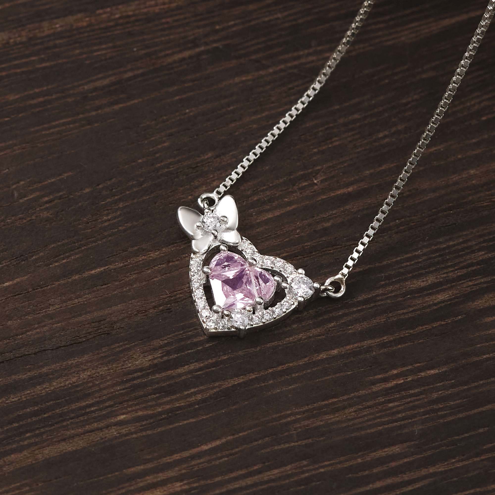 Dây Chuyền Bạc 925 Trái Tim Đá Hồng Gắn Nơ Nữ Tính - VCN516