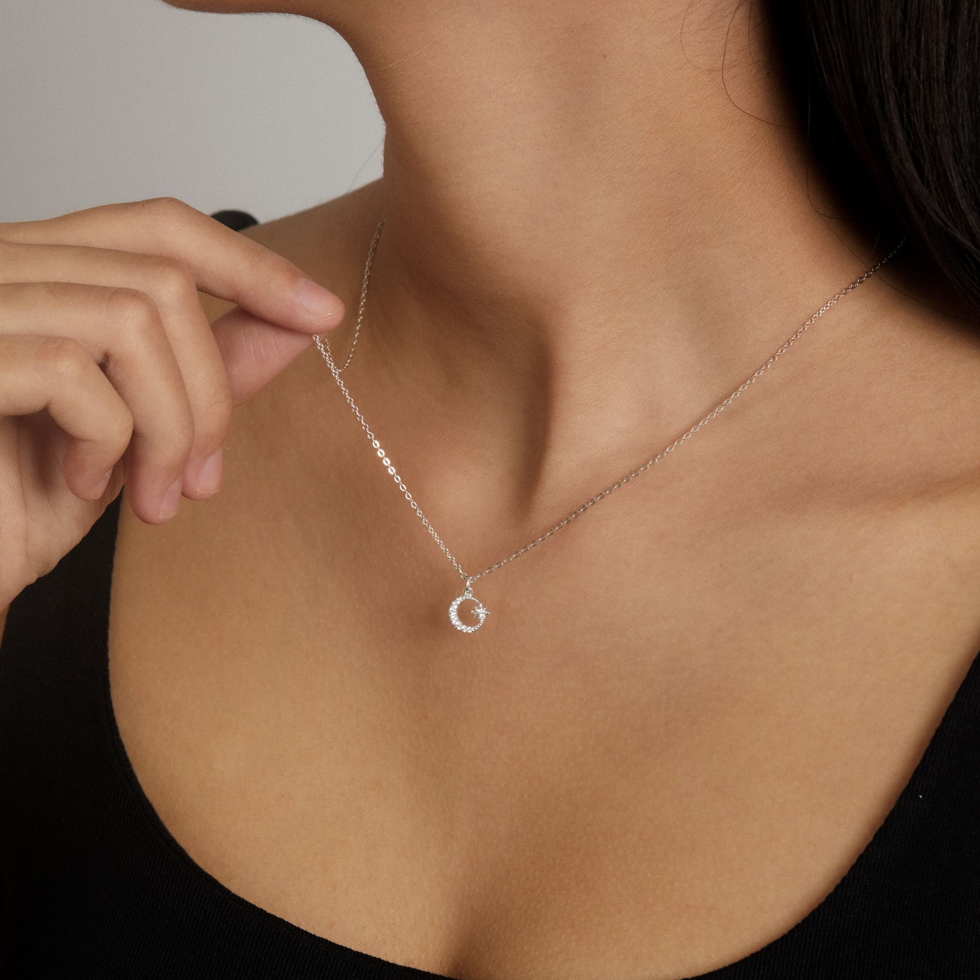 Dây Chuyền Bạc 925 Hình Trăng Sao Đính Đá Moon Star Pendant - VCN44