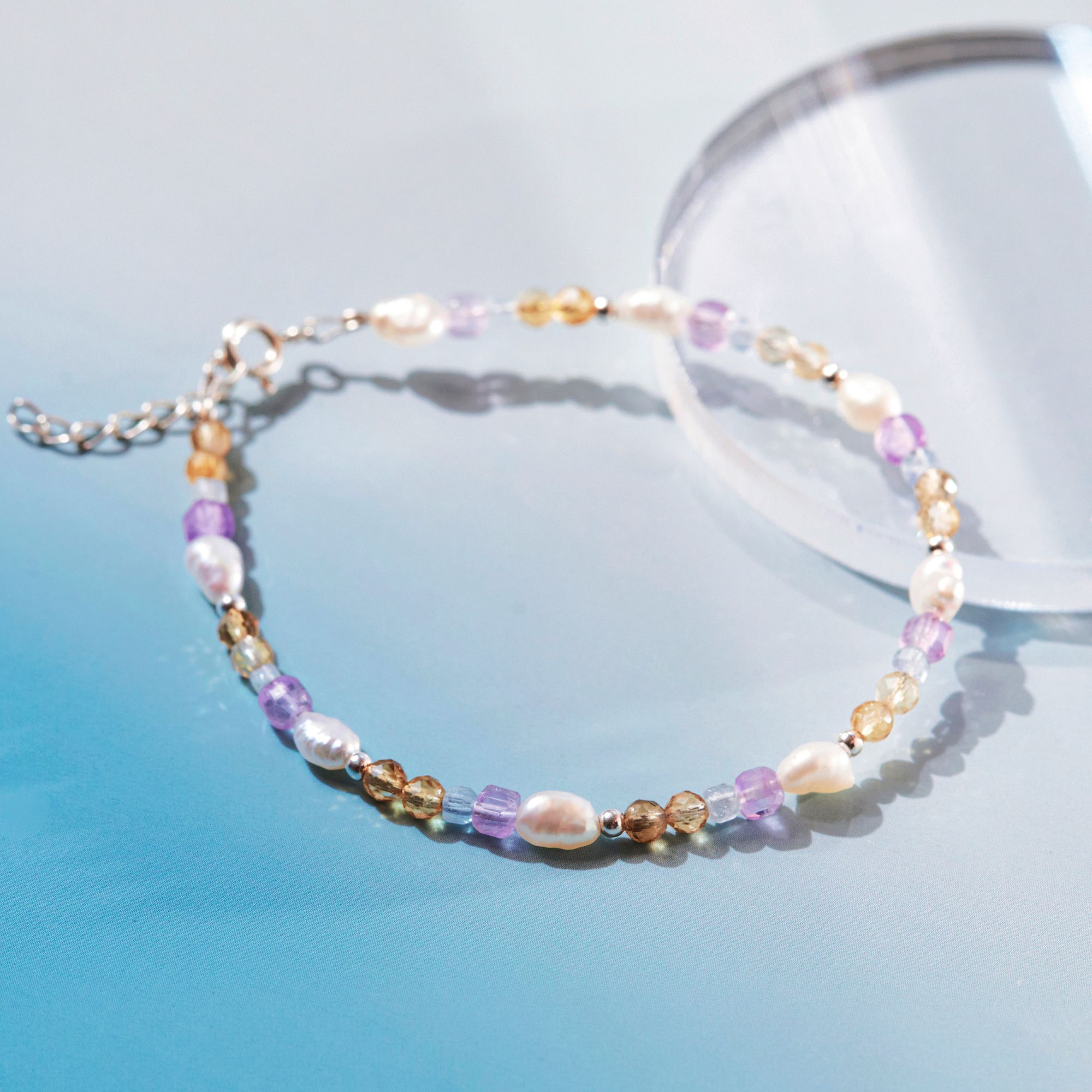 Lắc Tay Bạc 925 Ngọc Trai Tự Nhiên Phối Đá Aquamarine Và Thạch Anh Tím - VDB04