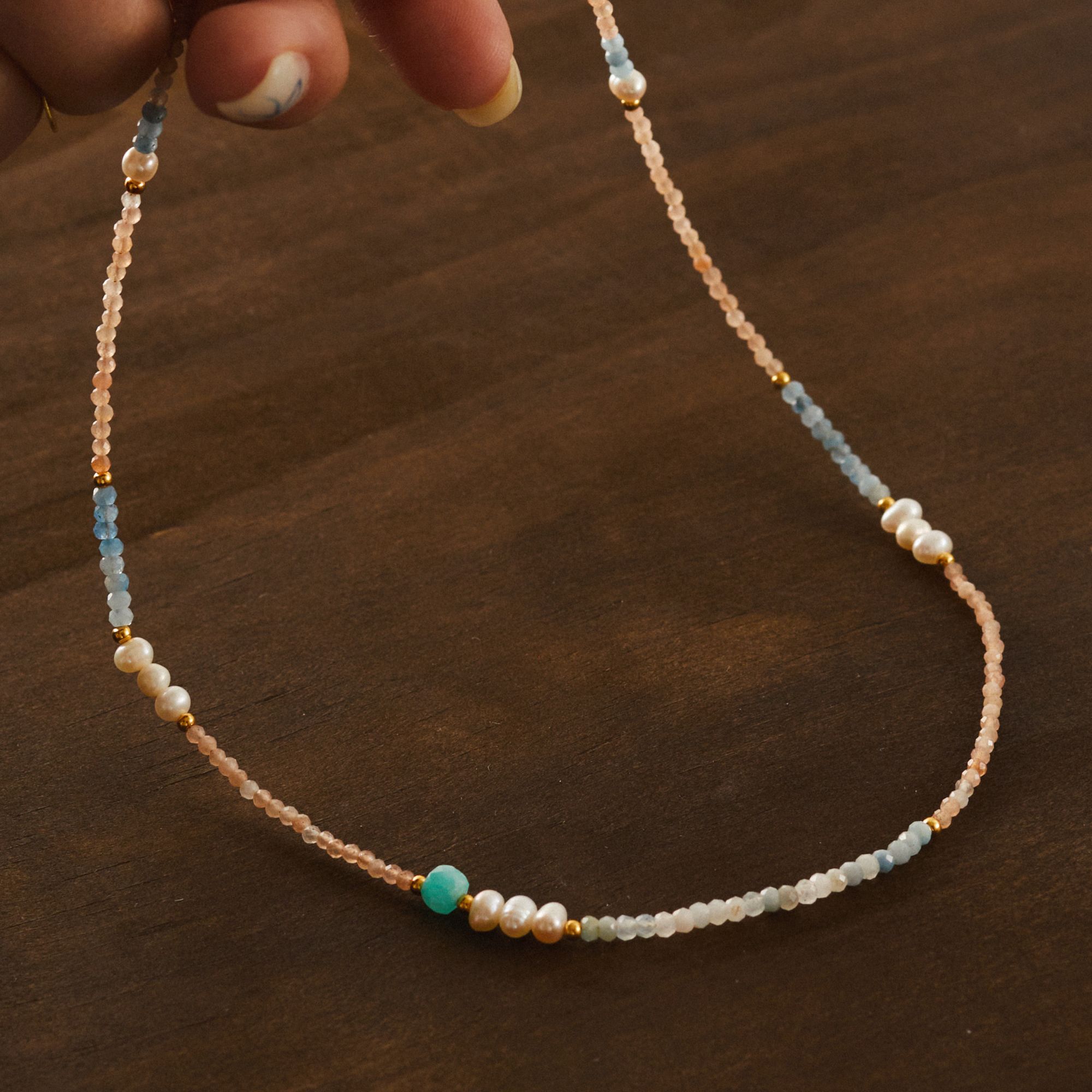 Dây Chuyền Bạc 925 Ngọc Trai Tự Nhiên Phối Đá Xanh Dương Aquamarine & Đá Hồng Mặt Trời - VDN02