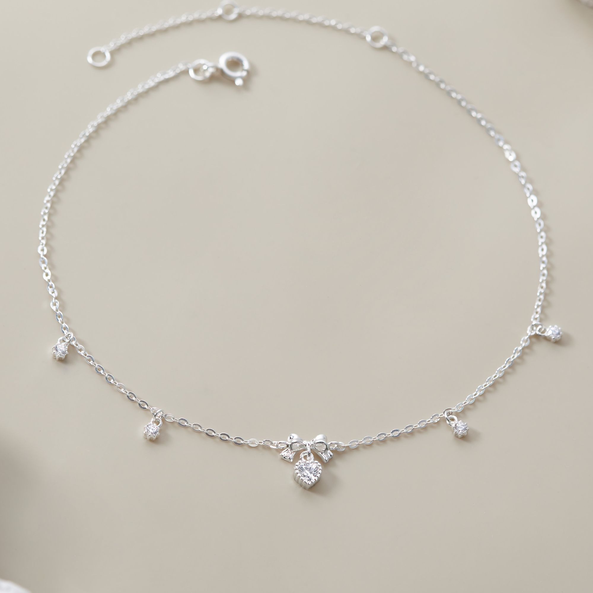 Lắc Chân Bạc 925 Hình Nơ Treo Trái Tim Đính Đá CARA LUNA - Heart Bow Tie - VGA04
