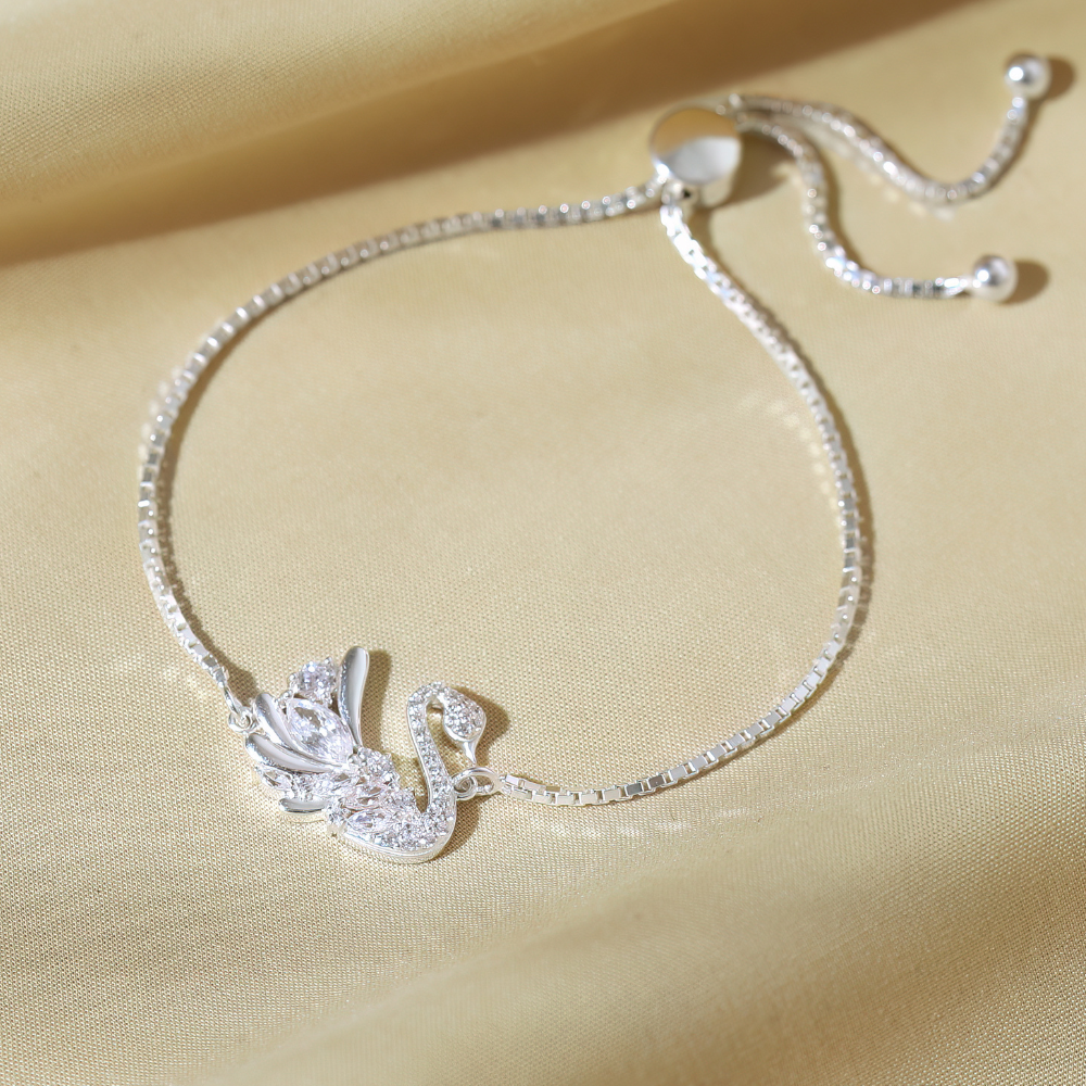 Quà Tặng 8/3 Lắc Tay Dây Rút Bạc 925 Hình Thiên Nga Đính Đá Lấp Lánh Pretty Swan - VGB09