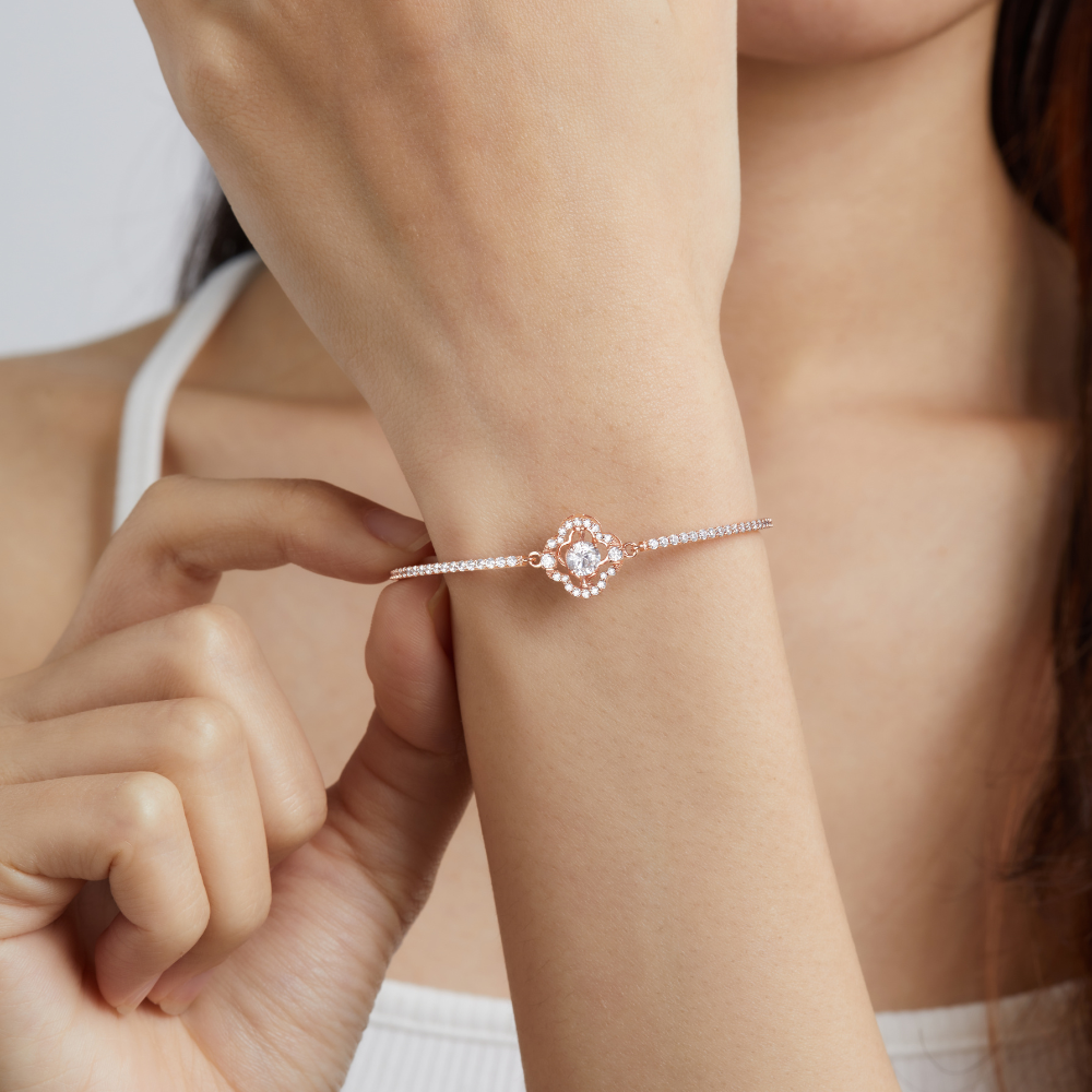 Quà Tặng 8/3 Kiềng Tay Cứng Bạc 925 Hình Cỏ 4 Lá Đá Nhảy 4 Leaf Clover - VGB12