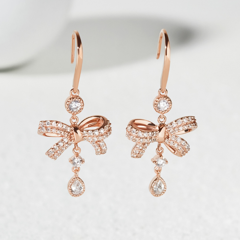 Hoa Tai Thả Bạc 925 Hình Nơ Thắt Đính Đá Treo Stone Bow Winter Snow - VGE03