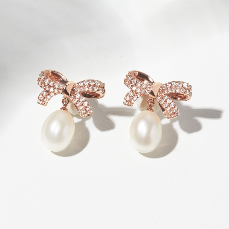 Bông Tai Nơ Bạc 925 Hình Nơ Thắt Đính Đá Gắn Ngọc Trai Tự Nhiên Pearl Bow Winter Snow - VGE04