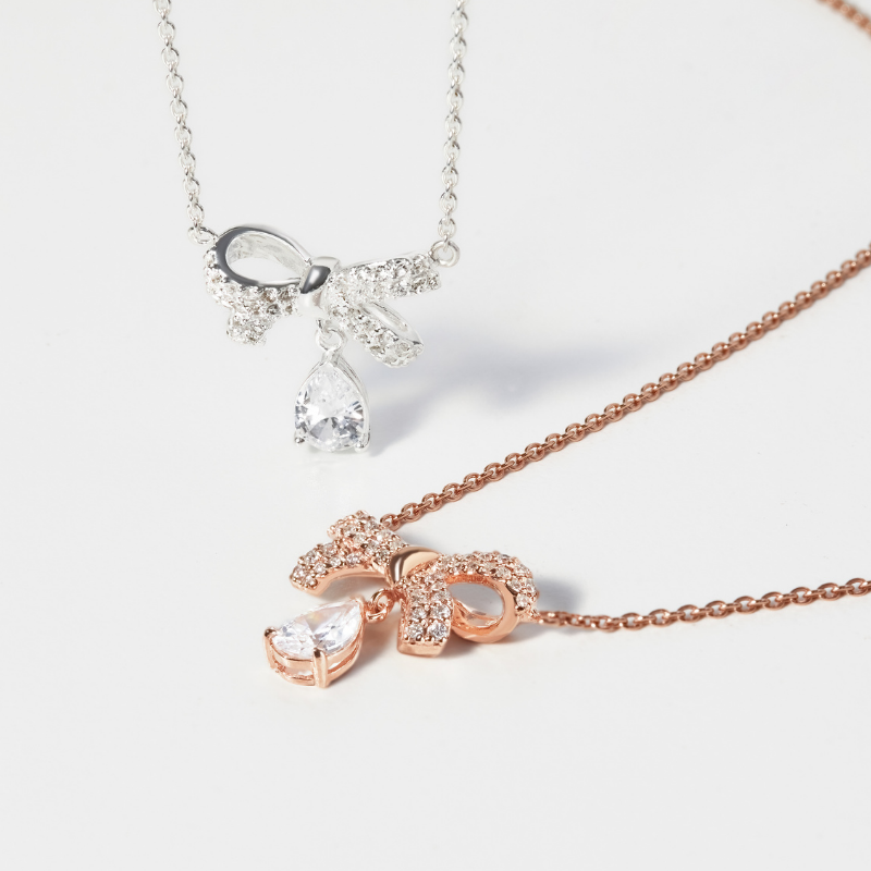 Quà Tặng 8/3 Dây Chuyền Nơ Bạc 925 Hình Nơ Thắt Đính Đá Treo Stone Bow Winter Snow - VGN04