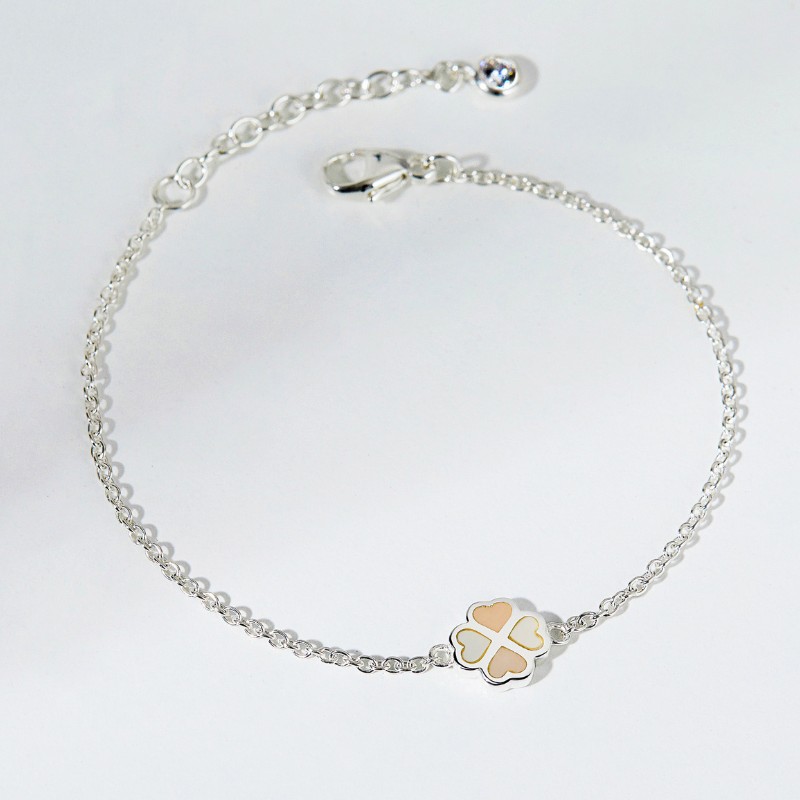 Vòng Tay Bạc 925 Cỏ 4 Lá Khảm Trai Đá Opal Hồng Leaf Clover - VYB505