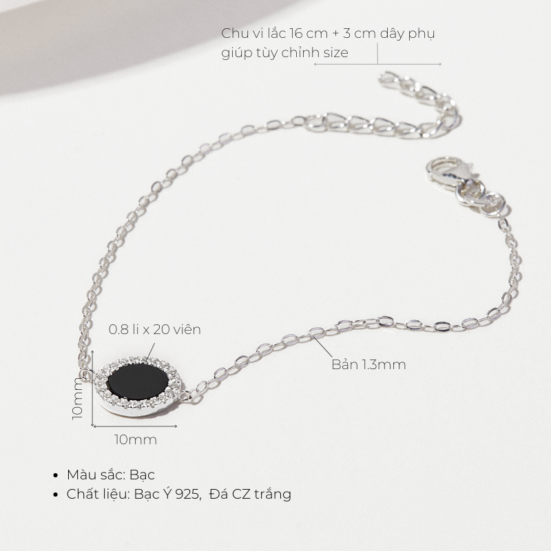 Vòng Tay Bạc 925 Đính Đá Đen Tự Nhiên Black Onyx Halo - VUB500