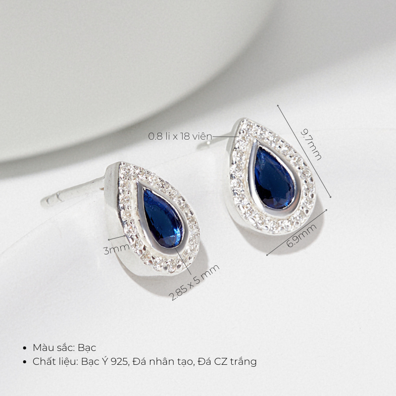 (1 Cái) Hoa Tai Bạc 925 Dáng Nụ Giọt Nước Đính Đá Xanh Sapphire Chic Stud - VUE500-L