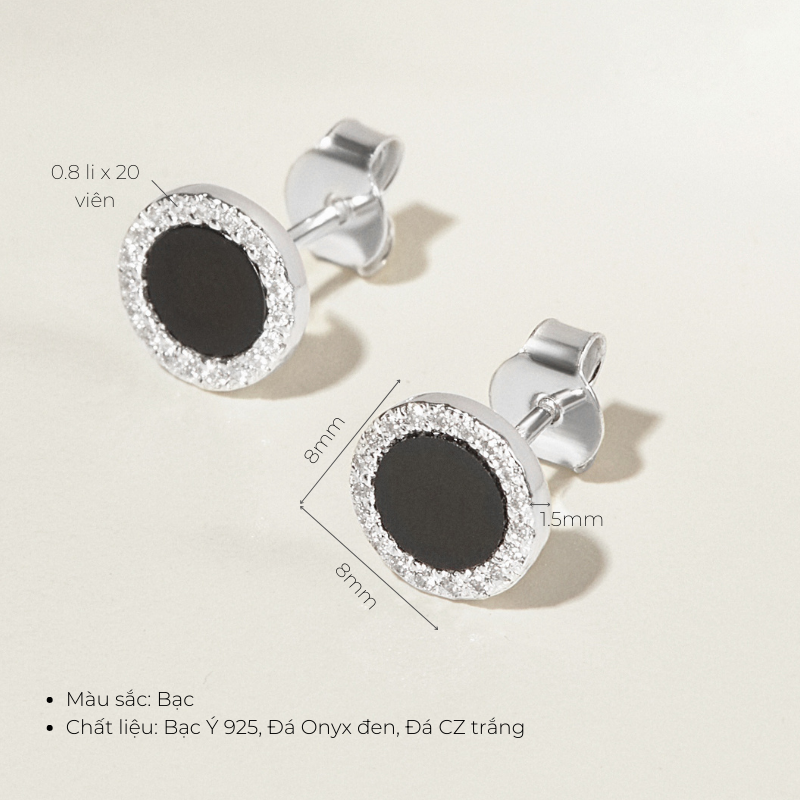 Hoa Tai Bạc 925 Dáng Nụ Tròn Đính Đá Đen Tự Nhiên Black Onyx Halo - VUE503