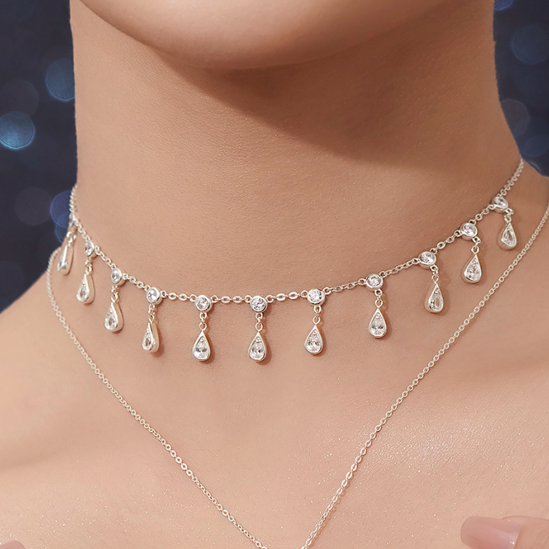 Vòng Cổ Bạc 925 Choker Đính Đá Giọt Nước Đi Tiệc Party Queen - VUN03