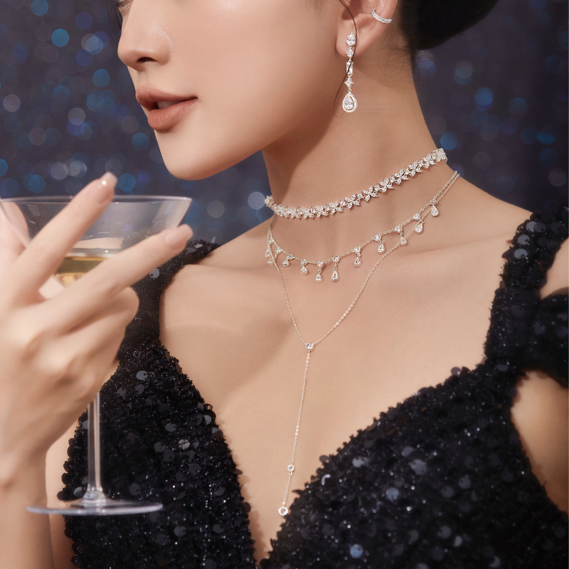 Vòng Cổ Bạc 925 Choker Đính Đá Giọt Nước Đi Tiệc Party Queen - VUN03