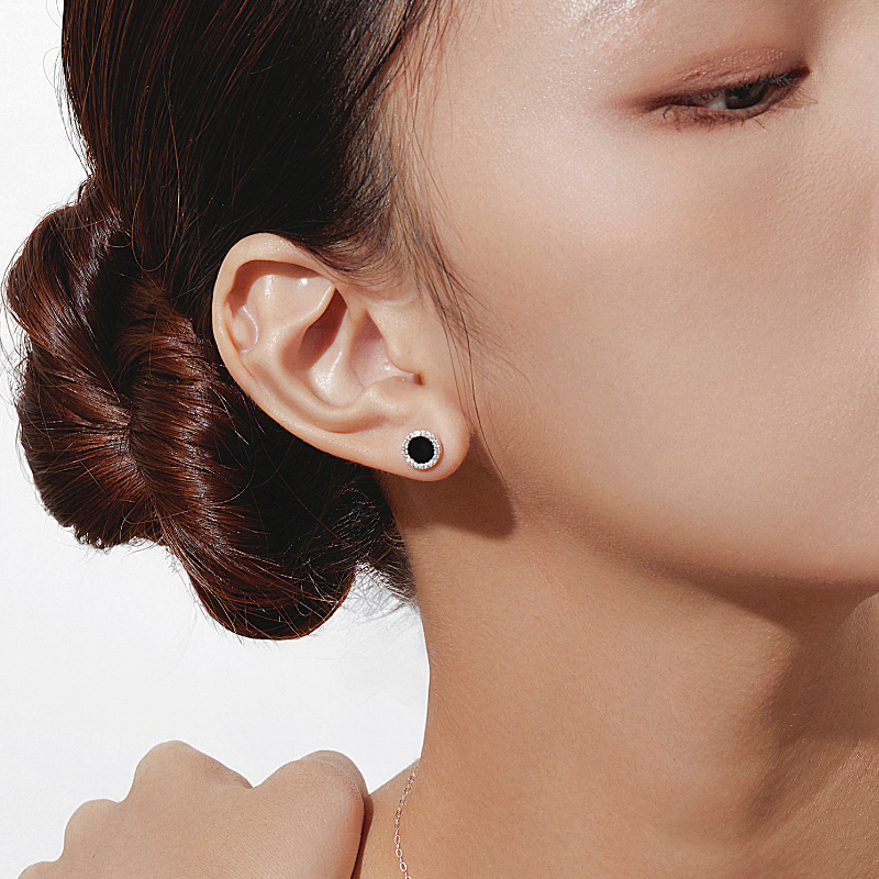Hoa Tai Bạc 925 Dáng Nụ Tròn Đính Đá Đen Tự Nhiên Black Onyx Halo - VUE503