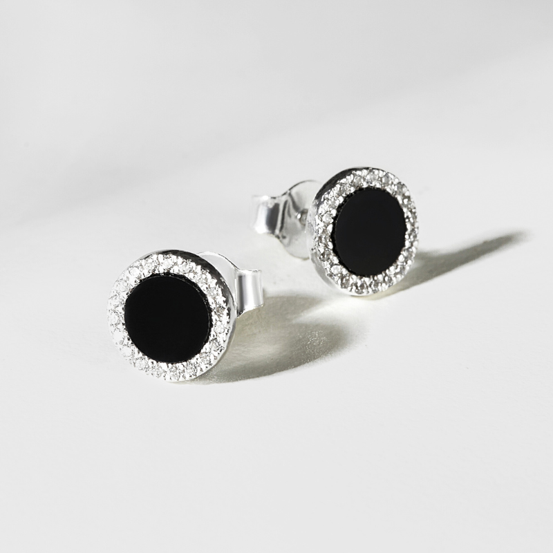 Hoa Tai Bạc 925 Dáng Nụ Tròn Đính Đá Đen Tự Nhiên Black Onyx Halo - VUE503