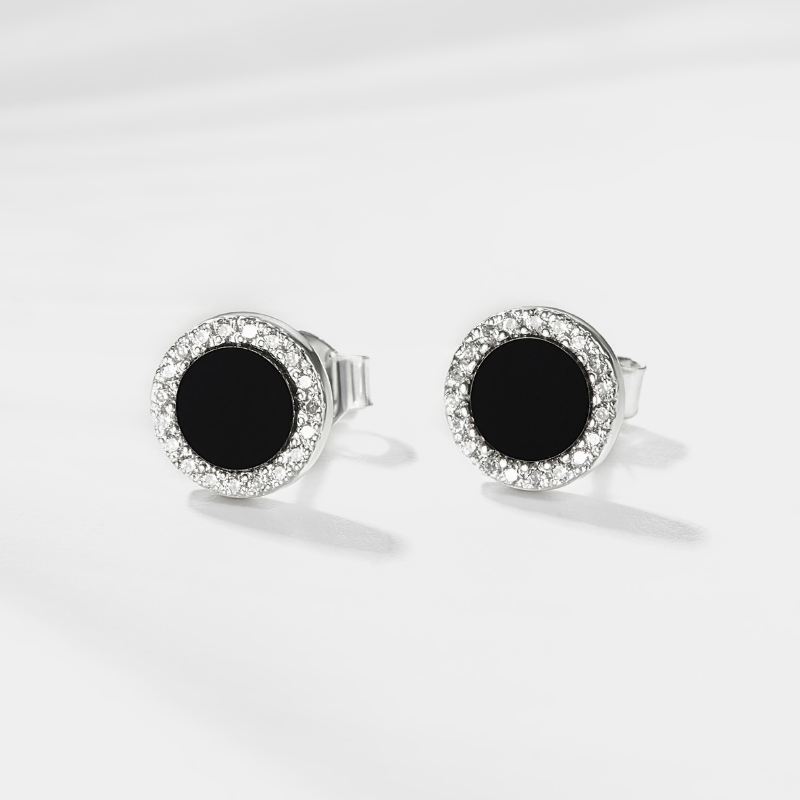 Hoa Tai Bạc 925 Dáng Nụ Tròn Đính Đá Đen Tự Nhiên Black Onyx Halo - VUE503