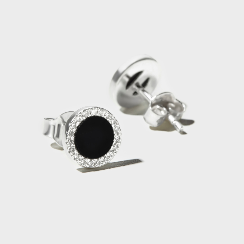 Hoa Tai Bạc 925 Dáng Nụ Tròn Đính Đá Đen Tự Nhiên Black Onyx Halo - VUE503