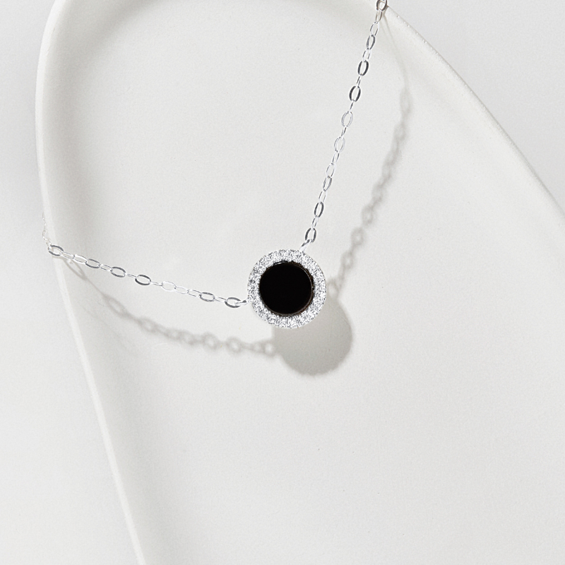 Dây Chuyền Bạc 925 Đính Đá Đen Tự Nhiên Tròn Black Onyx Halo - VUN500