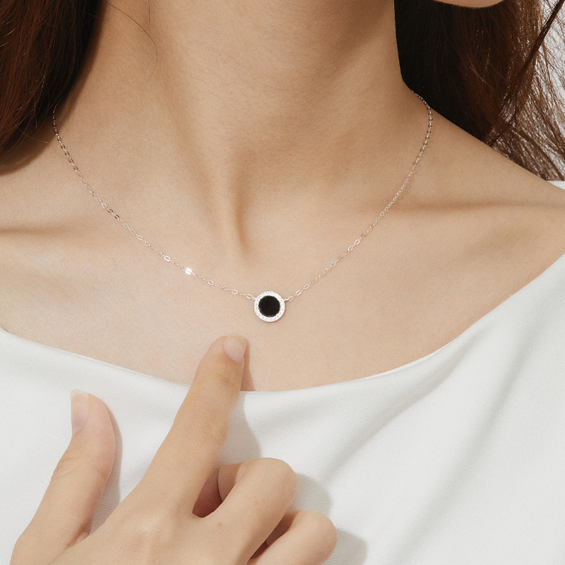 Dây Chuyền Bạc 925 Đính Đá Đen Tự Nhiên Tròn Black Onyx Halo - VUN500