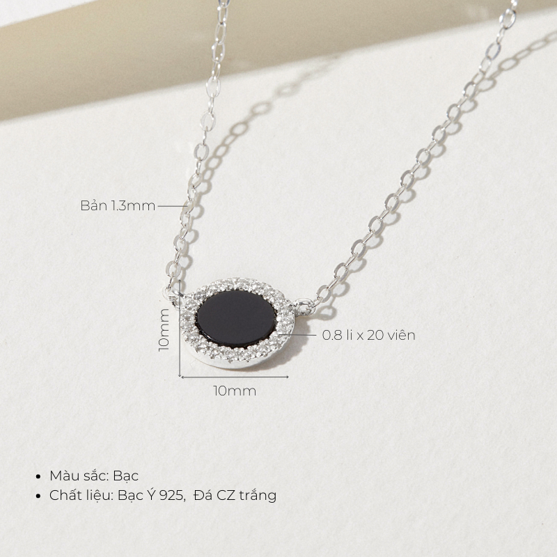 Dây Chuyền Bạc 925 Đính Đá Đen Tự Nhiên Tròn Black Onyx Halo - VUN500