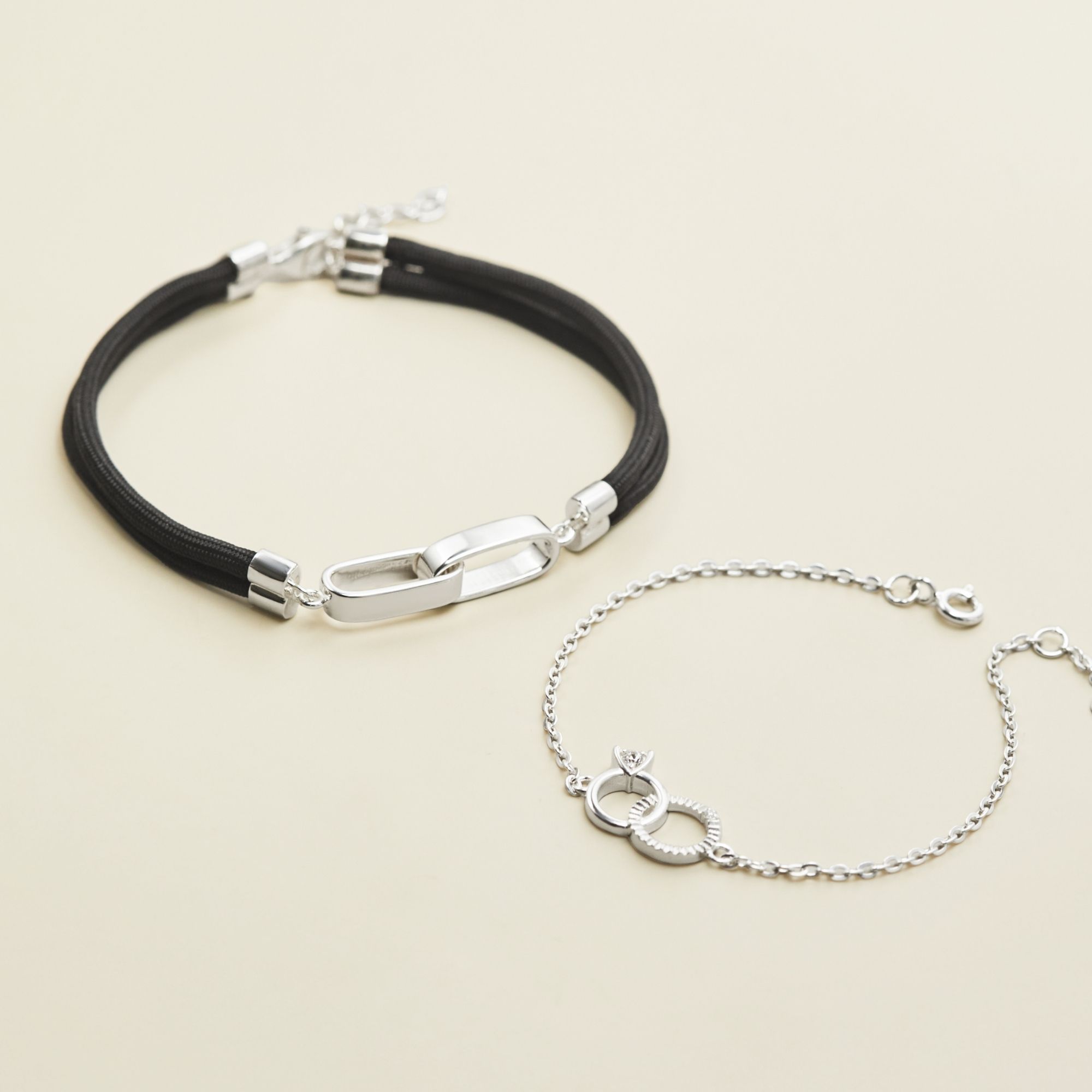 ( Một Cặp ) Lắc Tay Bạc 925 Vòng Tròn Gắn Kết Và Lắc Tay Bạc 925 Charm Nhẫn Đôi Đính Đá VYB66 - LDB28