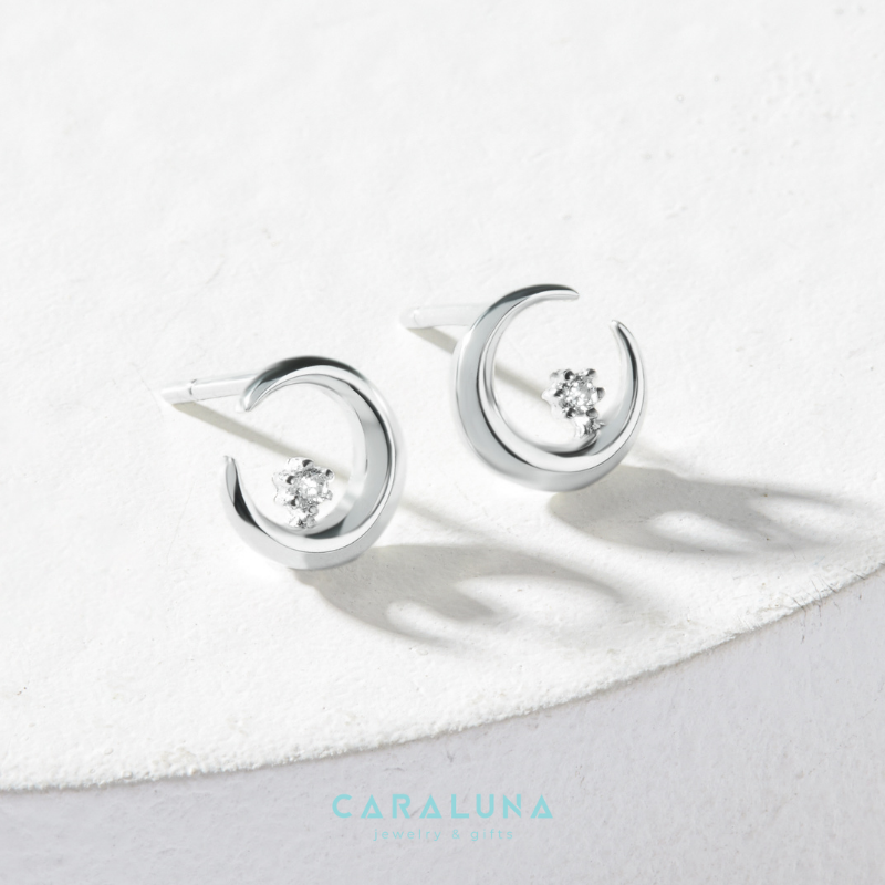 Hoa Tai Bạc 925 Mặt Trăng Khuyết Đính Đá Hàn Quốc Moon & Star - VGE01