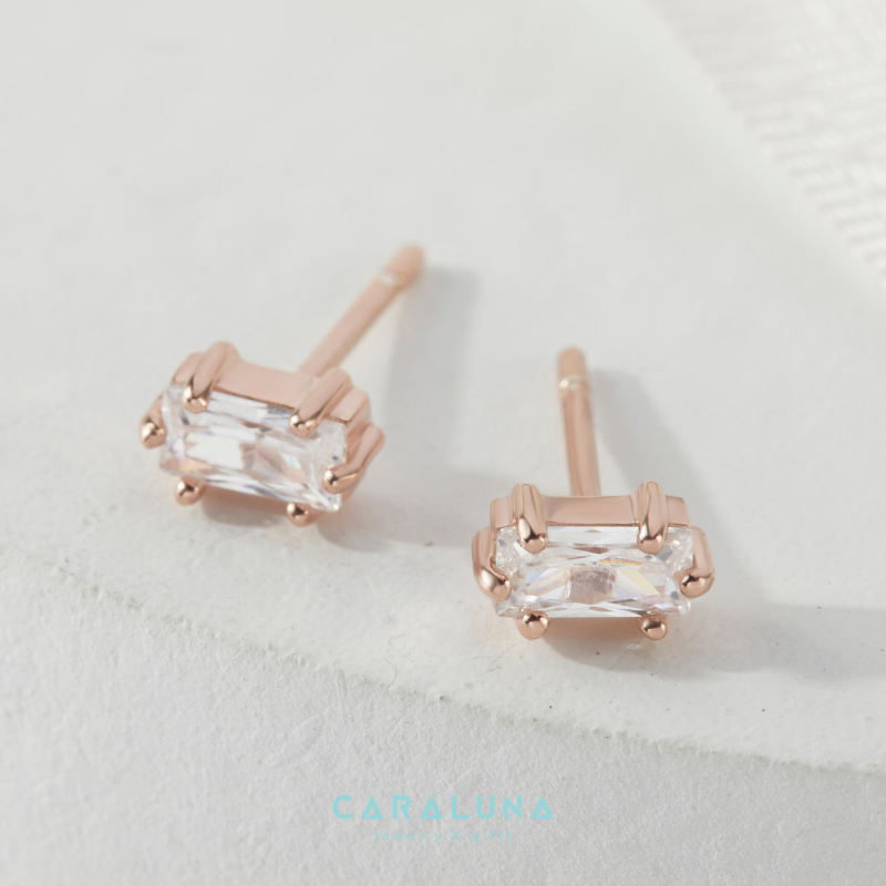 Bông Tai Bạc 925 Nụ Đính Đá Chữ Nhật Baguette Crystal Stud - VYE31
