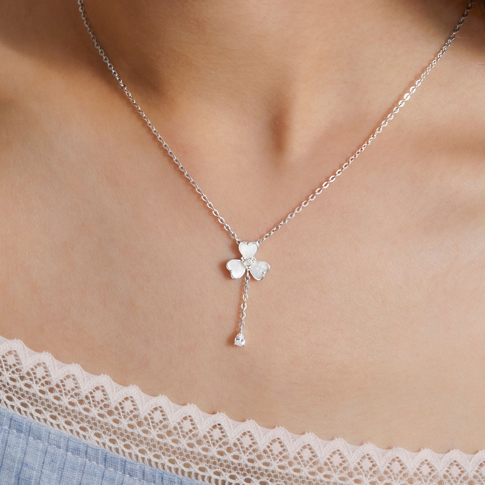 Dây Chuyền Lariat Bạc 925 Cỏ 4 Lá Trái Tim Trai Xà Cừ Đính Đá Giọt Nước - VYN75