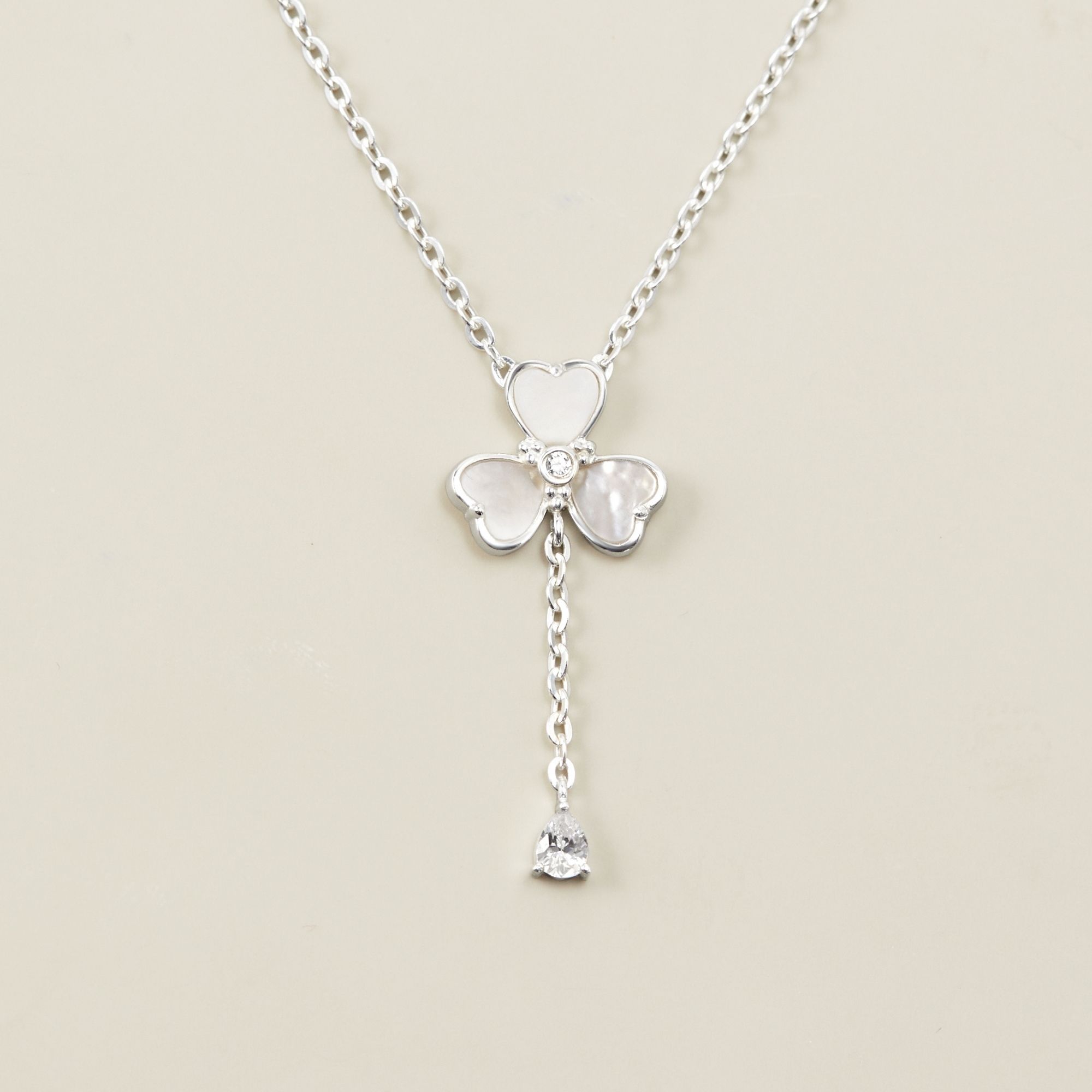 Quà Tặng 8/3 Dây Chuyền Lariat Bạc 925 Cỏ 4 Lá Trái Tim Trai Xà Cừ Đính Đá Giọt Nước - VYN75