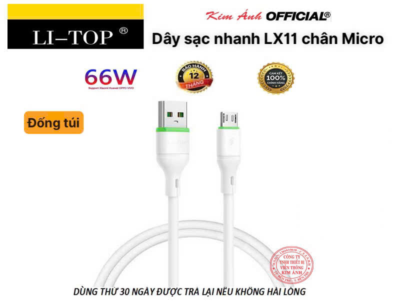 Dây sạc nhanh LI-TOP LX11 chân MIcro (Túi) công suất 66W, Kim Ánh cho dùng thử 30 ngày, bảo hành 12 tháng
