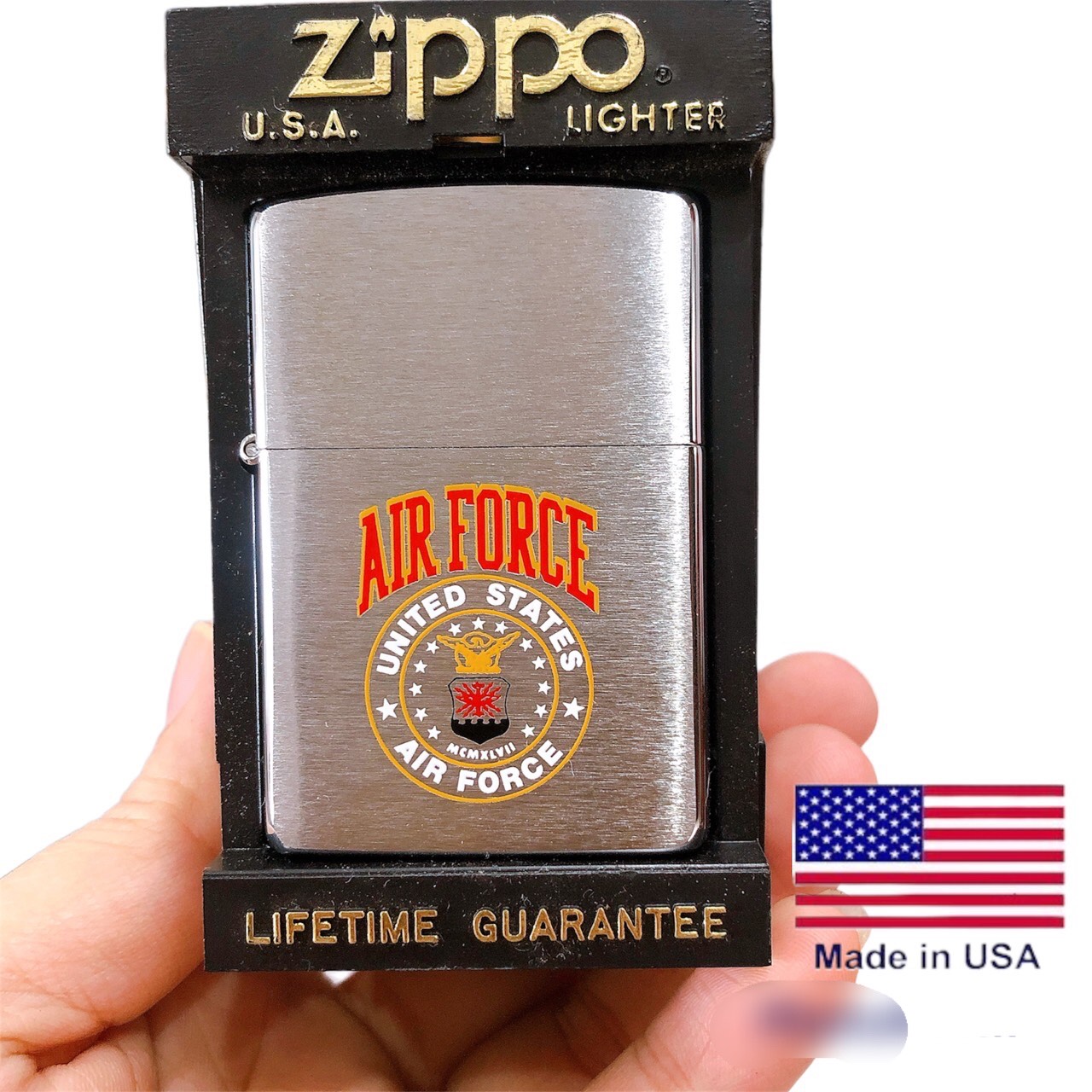 Bật lửa Zippo Mỹ khắc ăn mòn đồ sơn Air Force United Stater, New Full Box, nguyen tem đỏ, sản xuất 1994