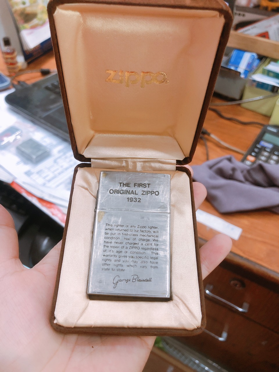 Bật lửa Zippo Mỹ Lacke Bạc Rep.lica 1932 Khắc ăn mòn Full nắp The First Original, sản xuất 1990, Hàng Mỹ