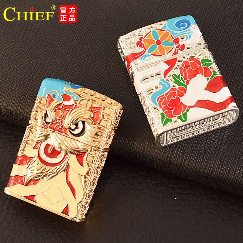 Hộp quẹt, bật lửa Chief đồng nguyên chất chủ đề Tứ Tượng ( Long - Hổ - Tước - Vũ) có nút xoay, hàng loại 1
