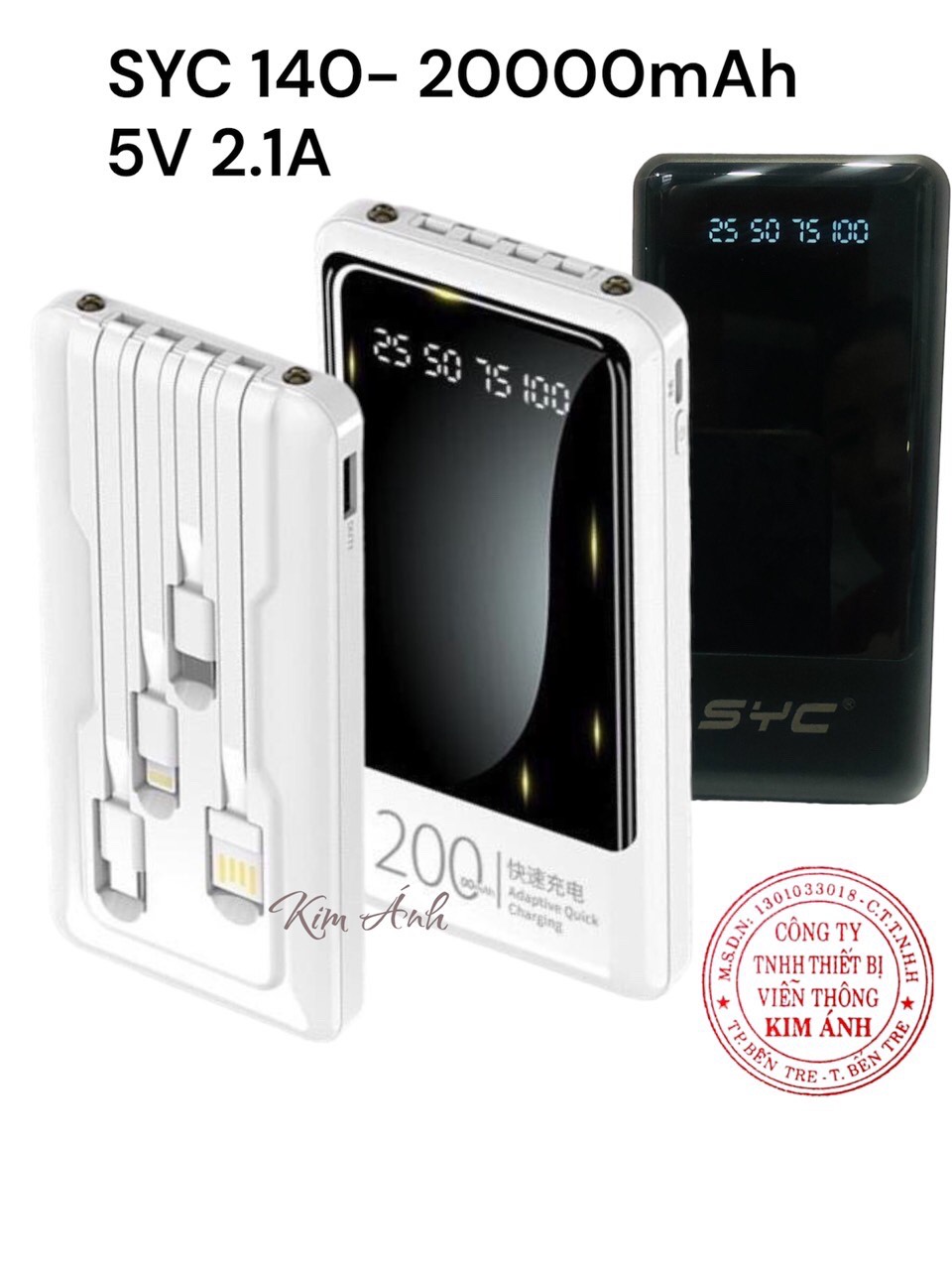 Pin sạc dự phòng chính hãng SYC S140, dung lượng 20000mAh có màn hình hiển thị pin, kèm cáp sạc tiện lợi khi di chuyển