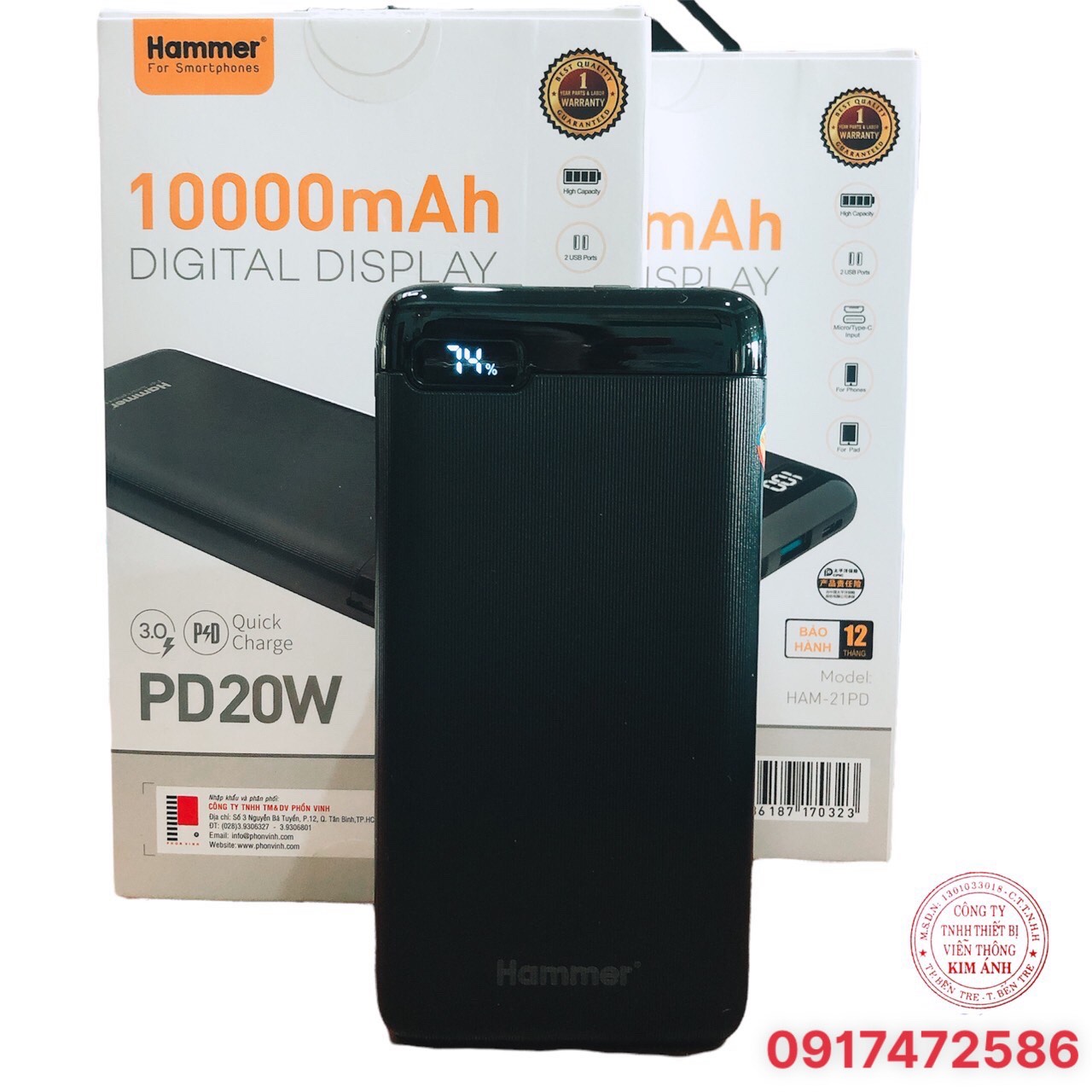 Sạc dự phòng Hammer (H21) 10.000 mAh, Sạc nhanh QC 3.0, PD 20w, màn hình LCD hiển thị pin - Hàng chính hãng