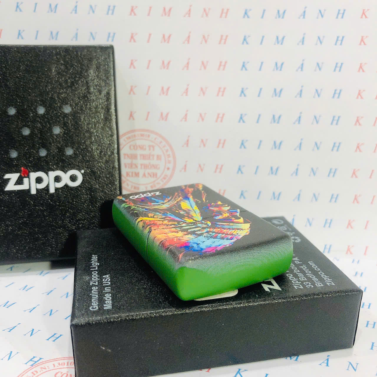 Bật lửa, hộp quẹt Zippo Mỹ, Brass phủ sơn chủ đề Thổ Dân 4, hàng chính hãng có giấy Hải Quan đi kèm