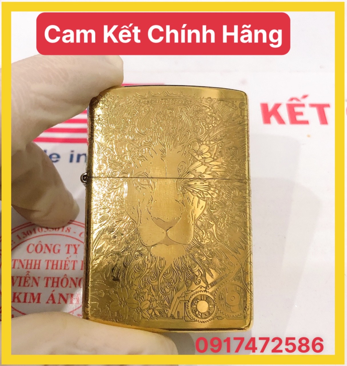 Bật lửa Zippo Mỹ  Brushed Brass Khắc ăn mòn chủ đề Sư Tử Mắt Hoa, mã 204B, Hàng chính hãng