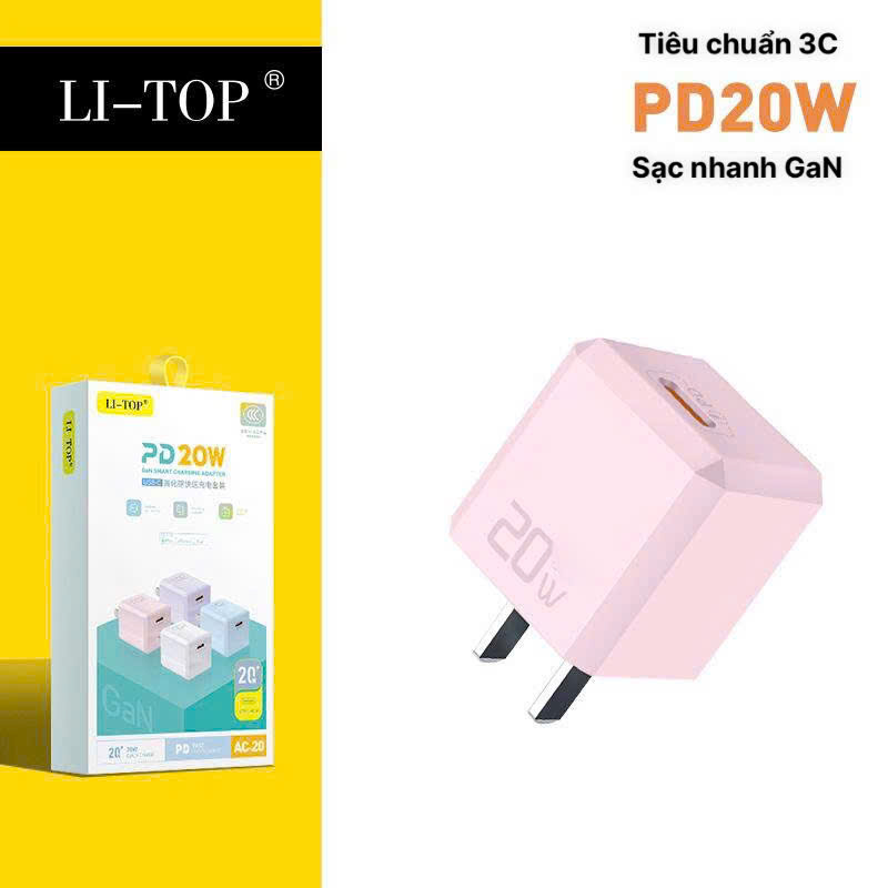 Củ sạc LI-TOP AC20 mini, sạc nhanh PD 20W, đạt chứng nhận 3C tiêu chuẩn quốc gia, hàng chính hãng bảo hành 12 tháng