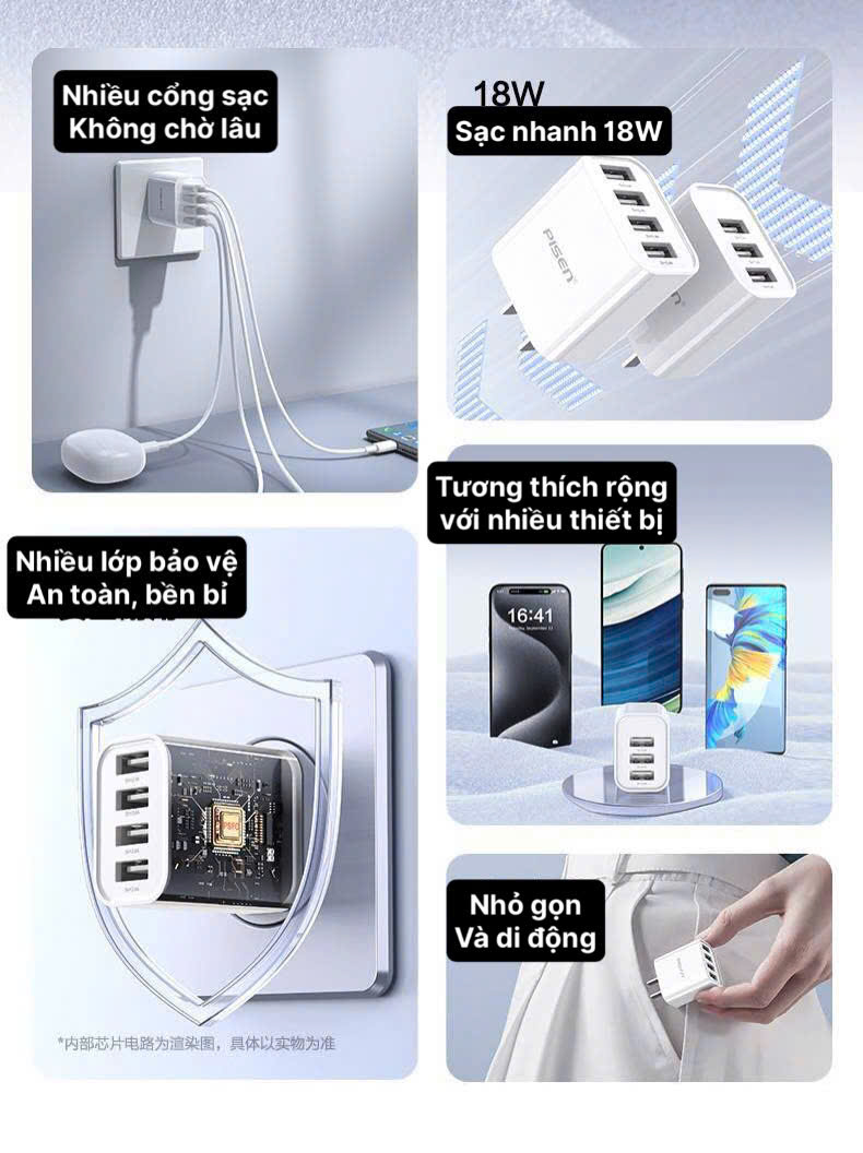 Củ sạc Pisen CYE-C09, 4 cổng USB công suất 18W, Hàng chính hãng nội địa có chứng nhận tiêu chuẩn 3C về an toàn sản phẩm