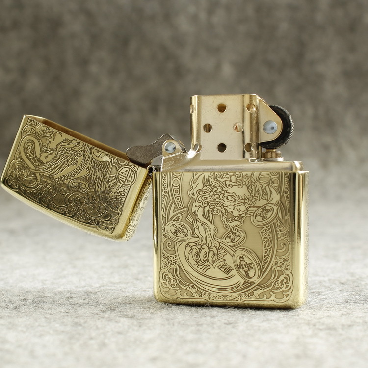 Bật lửa Zippo Mỹ 204B Brushed Brass, Khắc ăn mòn 5 mặt Chủ đề Tỳ Hưu, Hàng chính hãng