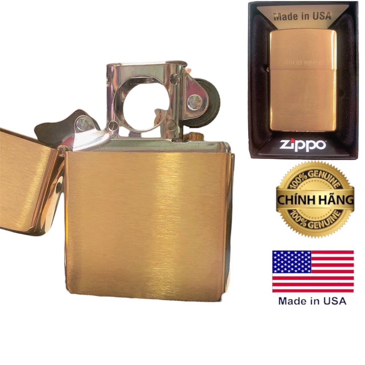 Bật lửa Zippo Mỹ TTẨU Brass xước ngang, sản xuất 2022, Hàng chính hãng nhập Mỹ