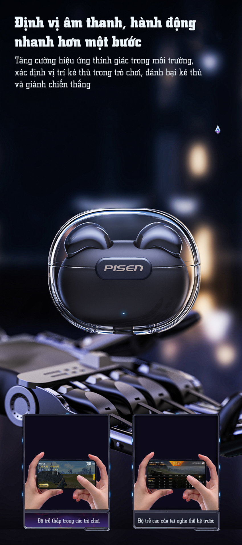 Tai nghe không dây PISEN A-buds3 Pro Gaming Esport (LV12AB), màu trắng - Hàng chính hãng, bảo hành 18 tháng