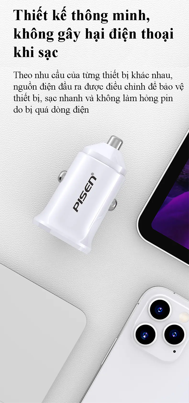 Sạc xe hơi PISEN Dual USB Car 2.4A 12W, Hàng chính hãng quét mã QR bảo hành 2 năm