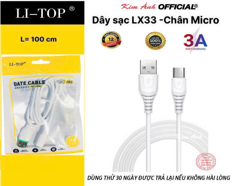 Dây sạc 3A LI-TOP LX33 chân Micro (Túi), dòng điện 5V-3A, Kim Ánh cho dùng thử 30 ngày, bảo hành chính hãng 12 tháng