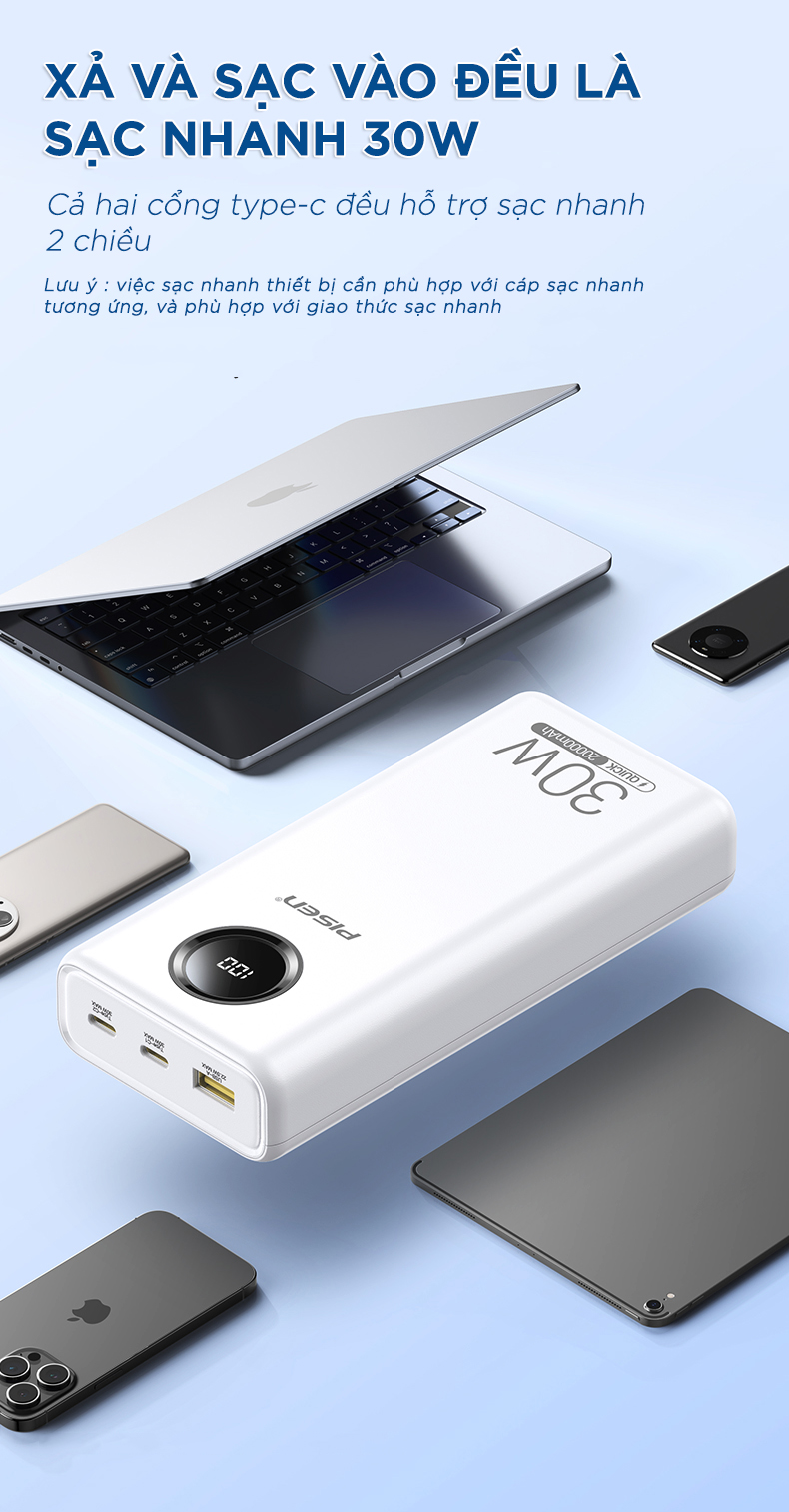 Pin sạc dự phòng PISEN QUICK Power Cube 20000mAh, công suất 30W sạc nhanh hai chiều - Hàng chính hãng