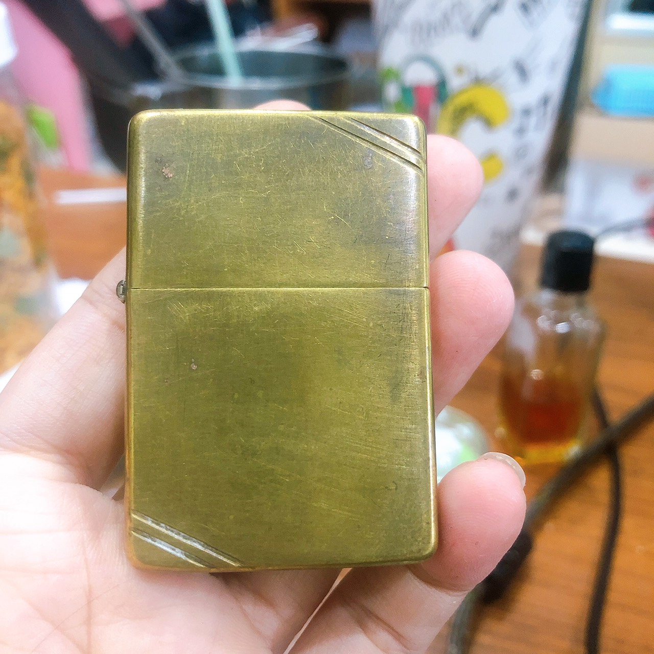Bật lửa Zippo Mỹ Brass  Vintage đầu bằng đít bằng, mộc đáy ngược Pat 2032695, sản xuất 1989, Hàng chính hãng