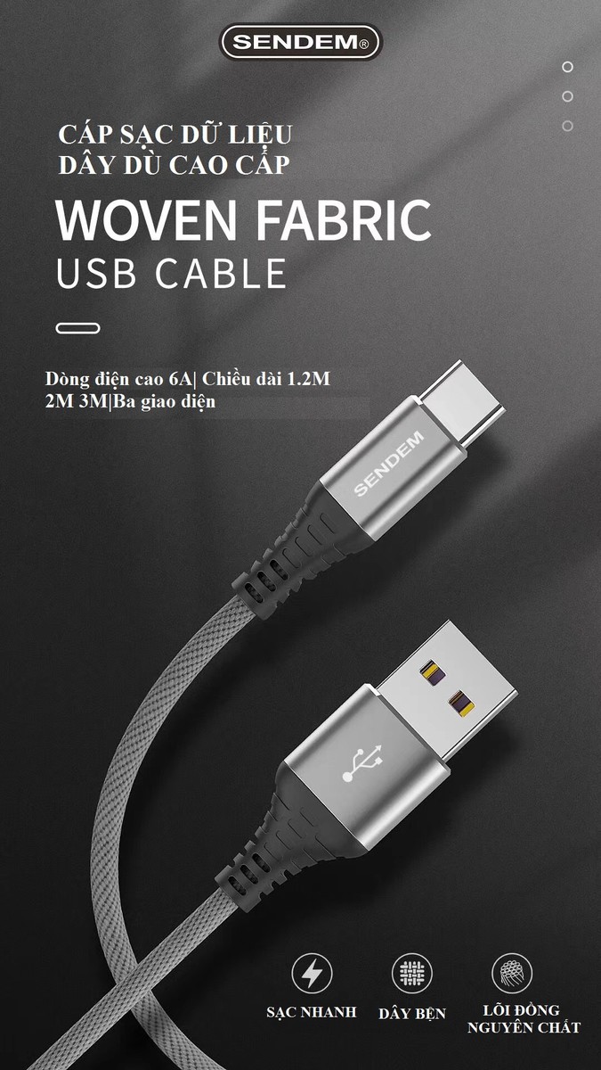 Dây sạc nhanh VOOC SENDEM M12S chân cắm Micro, dây dù dài 2M hỗ trợ sạc 5A QC 3.0, PD - Hàng chính hãng
