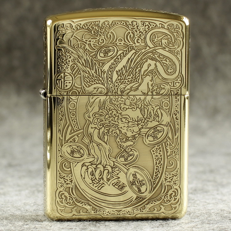 Bật lửa Zippo Mỹ 204B Brushed Brass, Khắc ăn mòn 5 mặt Chủ đề Tỳ Hưu, Hàng chính hãng