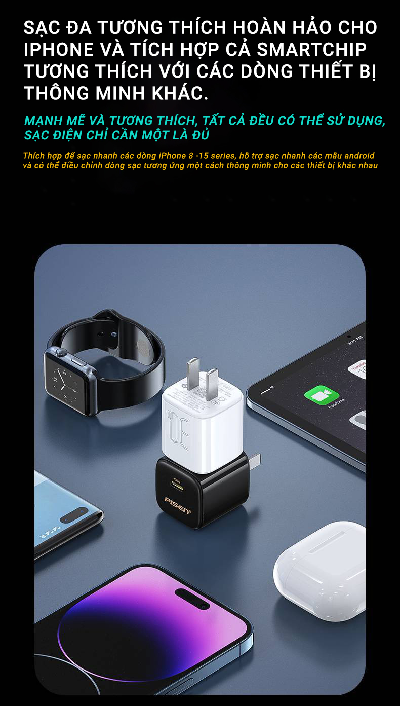 Bộ sạc Gallium Nitride 30W-Pisen Quick-Mr White Tiny kèm cáp Type C ra Type C, Quét QR kiểm tra, bảo hành 24 tháng